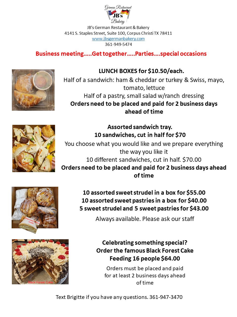 Orders – JB's German Restaurant & Bakery